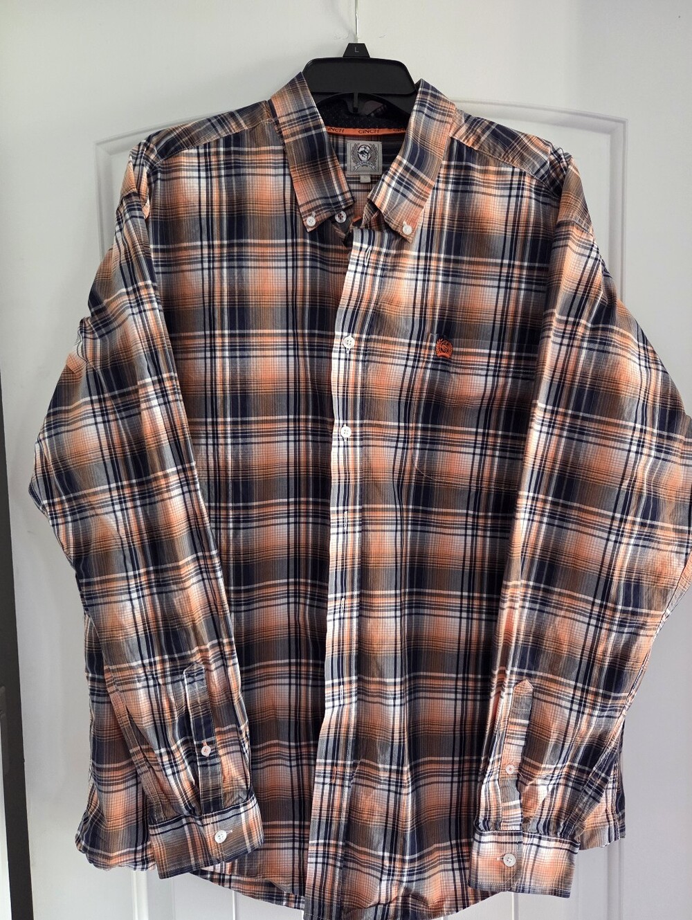 Cinch Orange and Navy Plaid Button-Down Shirt